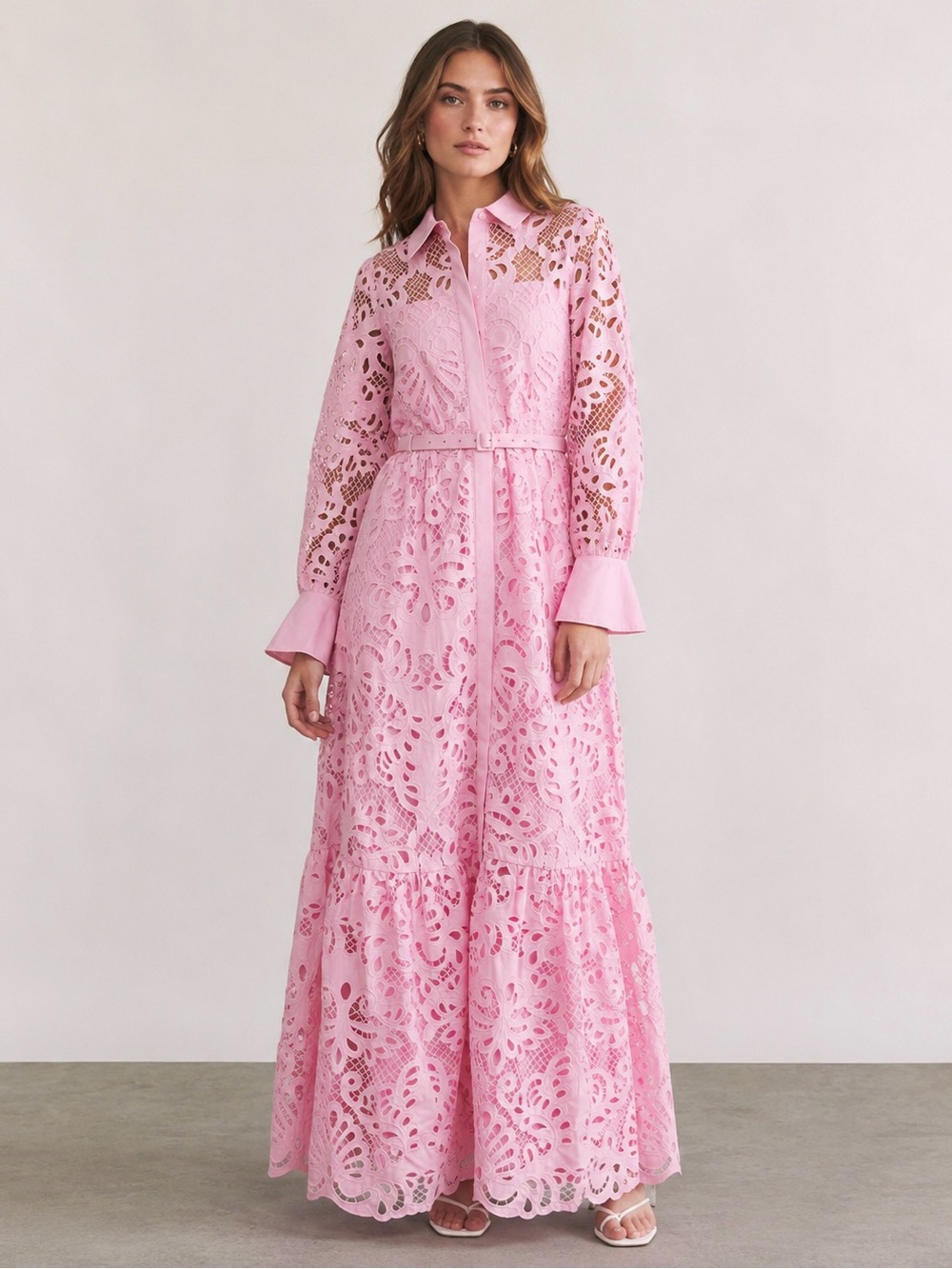 Self-Portrait Pink Cotton Lace Belted Maxi Dress NWT Size 2